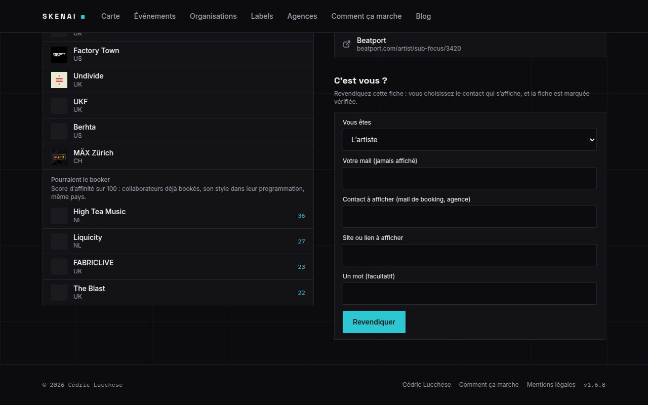 The "Is this you?" form at the foot of an artist page