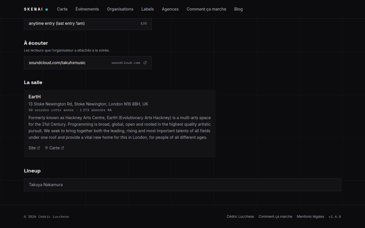 An event page: attached players and the venue with its address