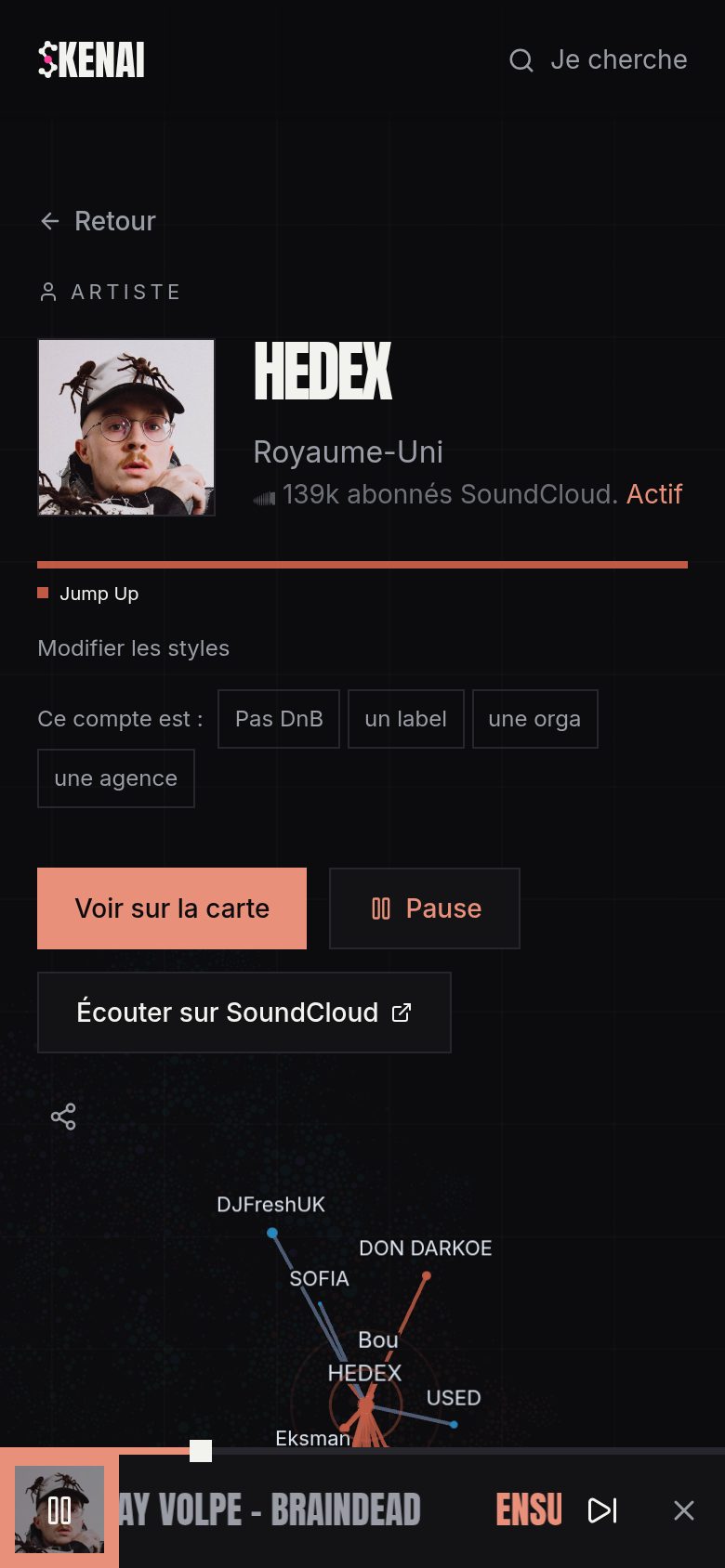 The player at the bottom of an artist page, on a phone